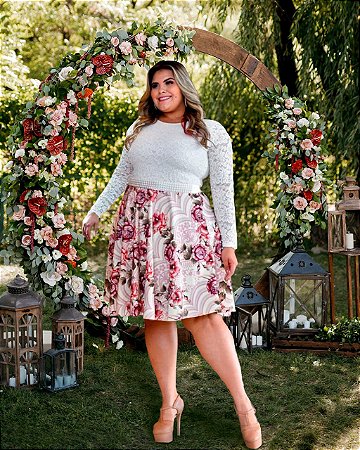 Vestido Casamento Civil Plus Size Rosa Flores Manga Longa - Vestidos  Casamento Civil Princesa