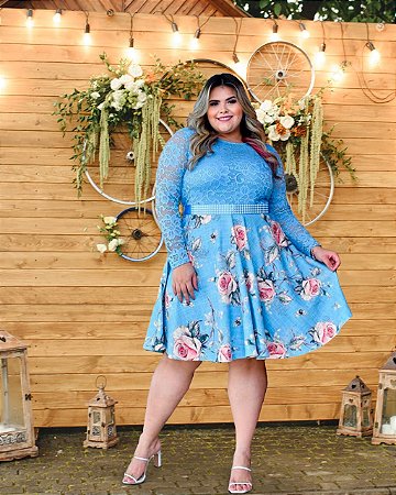 Vestido Plus Size Casamento Civil Azul Flores Manga Longa
