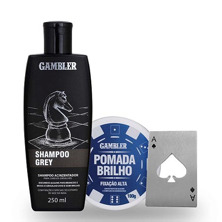 Kit 1 Shampoo Grey Escurecedor (250ml)  + 1 Pomada Efeito Brilho 180g - GRÁTIS Abridor de garrafa
