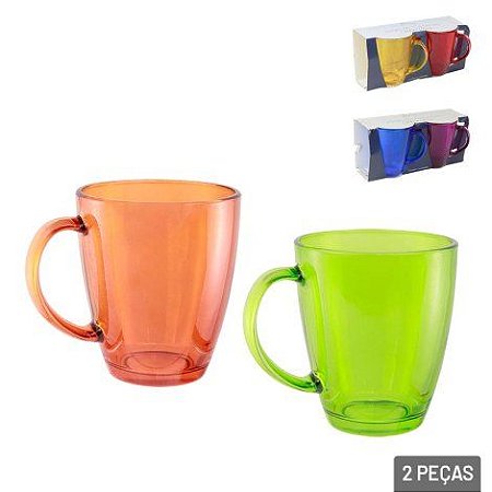 Caneca Vidro Colorida 350ml 2 Peças