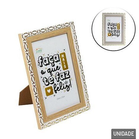 Porta Retrato 10x15 Plástico Moldura Relevo Branco e Dourado