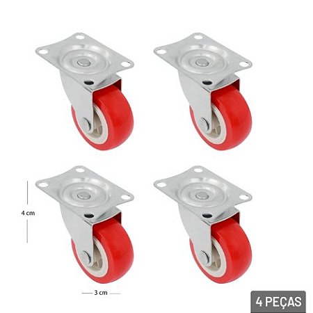 Rodízio Plástico Giratório Vermelho 1,5 Polegadas (4 Peças)