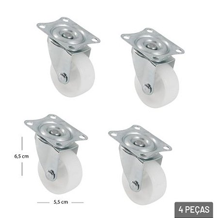 Rodízio Plástico 2" Giratório Branco - 4 Peças