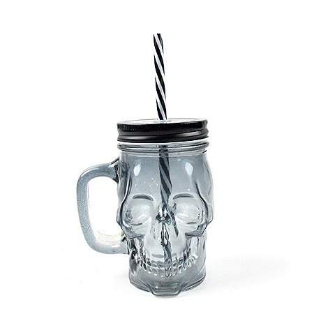 Caneca Pote com Canudo 400ml Caveira Transparente