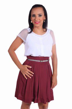 CONJUNTO SOCIAL EXECUTIVO FEMININO COM BLUSA MANGA DE TELA + SAIA COM PREGAS, CÓIS E FORRO