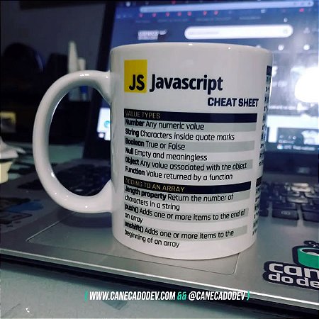 Caneca Javascript Commands Cheat Sheet branca - Caneca do Dev - Canecas ...