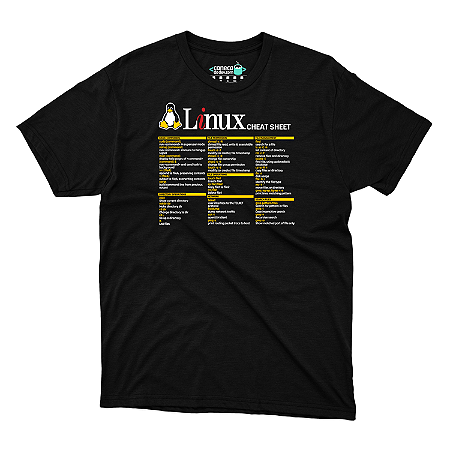 Camisa Linux Commands Cheat Sheet Preta DTF
