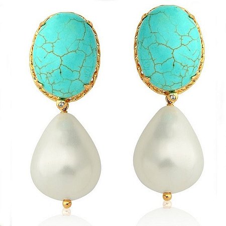 Brinco turquesa com gota estilo pérola