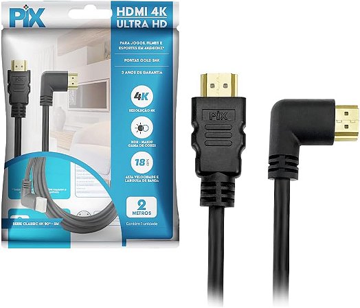 Cabo HDMI 4K 2.0 HDR 19p Plug 90° com 2 metros (PIX)