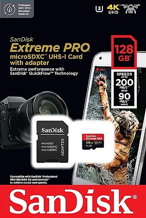 Cartão de Memória micro SD SANDISK 128 GB Extreme PRO (90MB/s - 200MB/s)