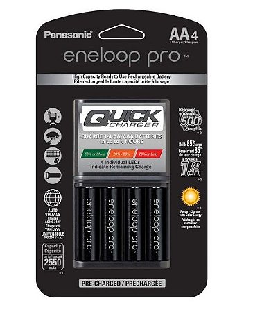 Carregador de Pilha Panasonic Quick + Pilha Eneloop PRO AA4 22550MAH K-KJ55KHC4BA