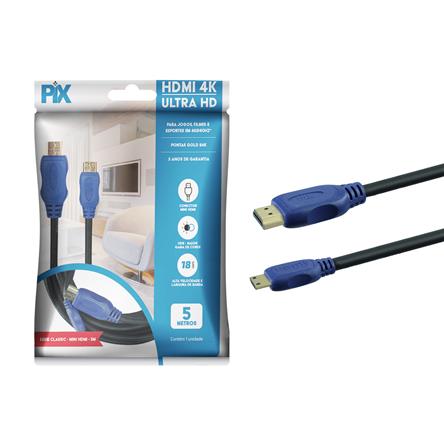 Cabo HDMI 2.0 4K HDR 19p para Mini HDMI - 5 metros (PIX) 018-9402