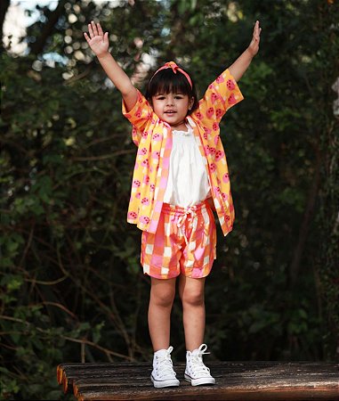 Conjunto infantil kimono e short cogumelo xadrez