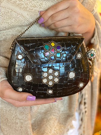 Bolsa Clutch em Metal - Preta - Com Alça