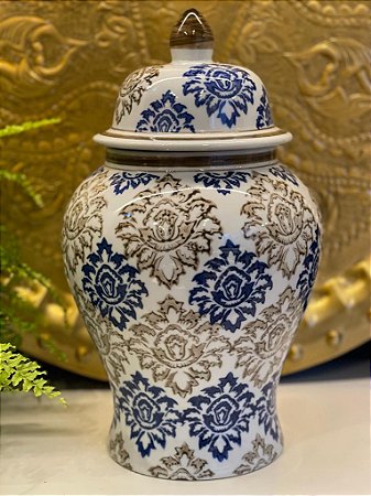 Vaso Potiche - Azul e Branco - Cerâmica
