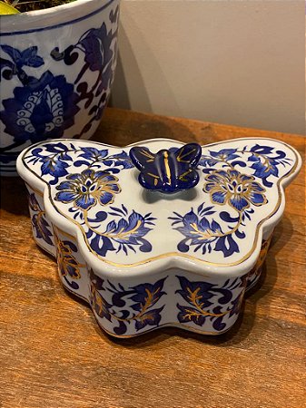 Caixa Decorativa - Cerâmica - Azul e Branco - Porta Jóias