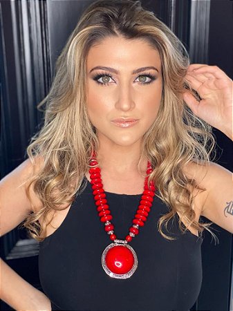 Colar em Metal - Prateado - Resina - Vermelho