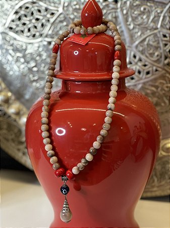 Colar Decorativo - Resina - Olho Grego - Bege e Vermelho