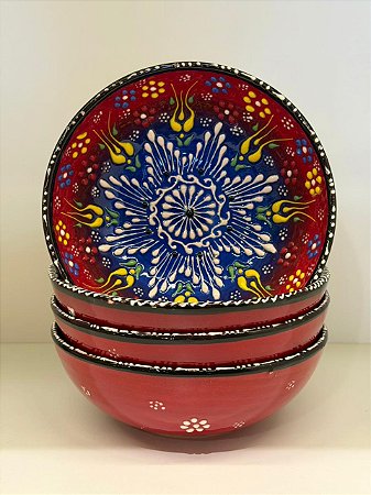 Bowl - Cerâmica - Turquia - Pintura Alto Relevo - Tamanho Grande - Vermelho