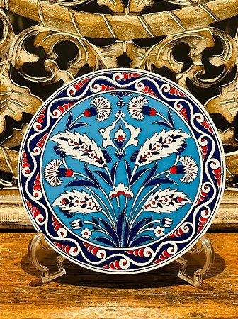Descanso de Travessa e Panela - Turco - Redondo - Cerâmica - Azul e Vermelho
