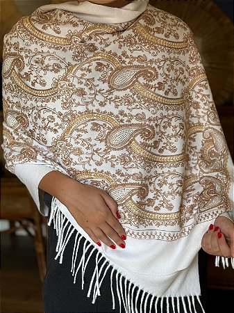 Echarpe Bordada - Aplique Dourado - Em Lã - Branco