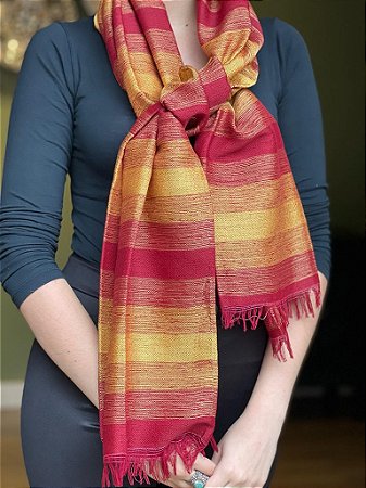 Pashmina de Viscose Estampada -Vermelho e Amarelo-  Dupla face