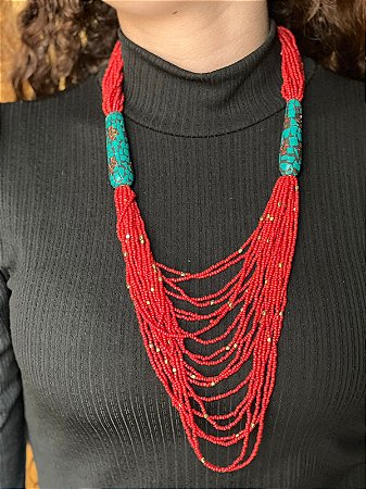 Colar -Metal e Miçangas - Vermelho e Verde