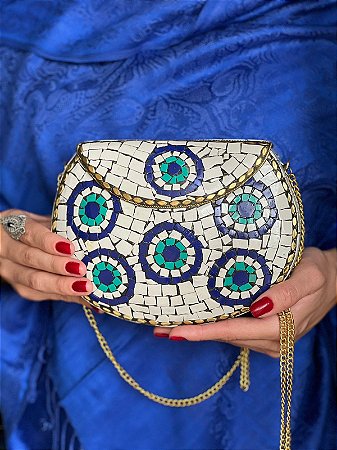 Bolsa Clutch em Metal - Olho Grego - Azul e Branco - Com Alça