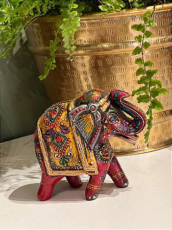 Elefante Decorativo - Madeira - Pintado a Mão - Vermelho
