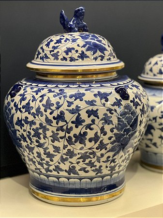 Vaso Potiche - Branco Com Detalhe Azul e Dourado - Ceramica
