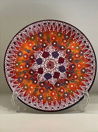 Prato de Parede Medio - Turquia - Decorativo - Cerâmica - Laranja Com Vermelho