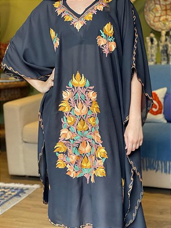 Kaftan - Bordado Preto - Tamanho Único