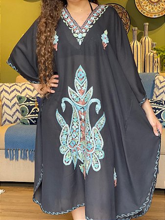 Kaftan - Bordado Preto - Tamanho Único