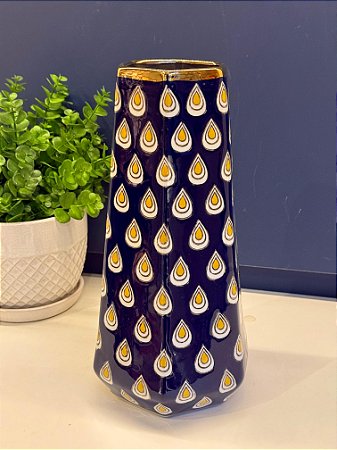 Vaso Decorativo - Azul e Dourado - Ceramica - 31CM