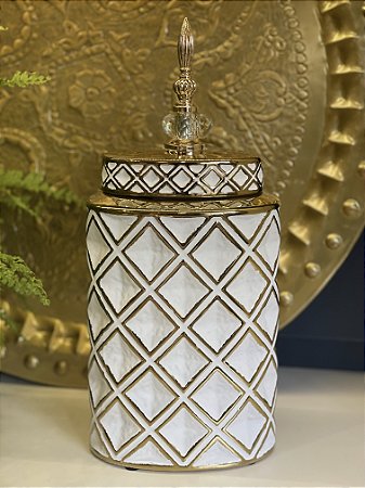 Vaso Potiche - Ceramica - Branco com Dourado - 37CM