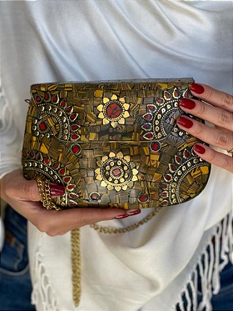 Bolsa Clutch em Metal - Marrom e Dourada -  Com Alça