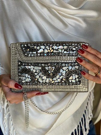 Bolsa Clutch em Metal - Prata - Madrepérolas -  Com Alça