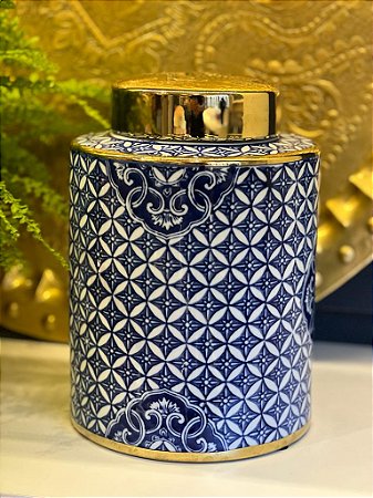 Vaso Potiche - Cerâmica - Azul e Branco - 28,5CM