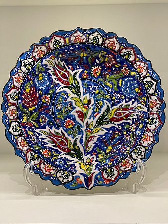 Prato de Parede Grande - Turquia - Decorativo - Cerâmica - Relevo - Azul