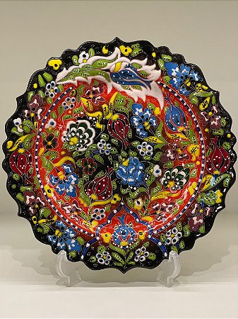 Prato de Parede Medio - Turquia - Decorativo - Cerâmica - Relevo - Preto