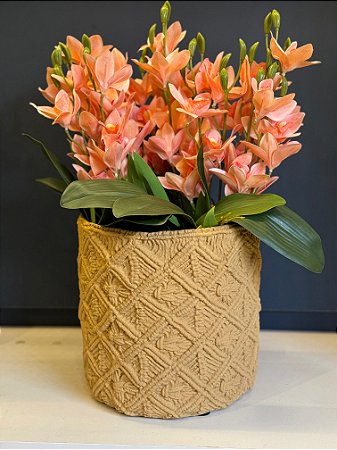 Cachepot em Cimento - Bege - Relevo -  24CM