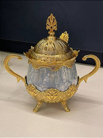 Açucareiro Turco - Metal - Pintura Marmorizado - Dourado com Azul