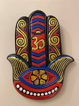 Hamsa- Mão de Fatima - Madeira - Pintado a mão - Colorido