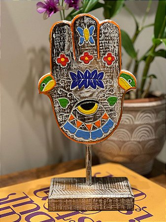 Hamsa- Mão de Fatima - Madeira - Pintado a mão - Colorido