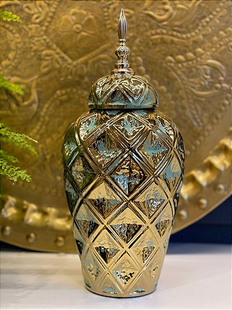 Vaso Potiche - Verde e Dourado  - Ceramica - 37CM