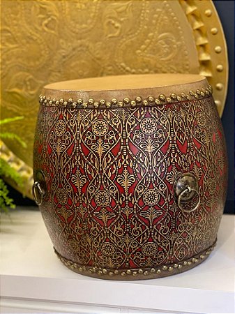 Tamborete - Garden Seat - Pintado à mão - Vermelho e Dourado Arabesco