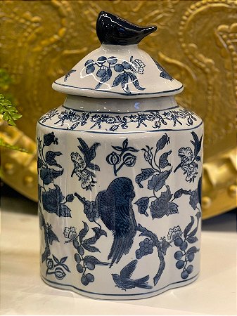 Vaso Potiche - Branco e Azul  - Pássaros - Cerâmica - 30cm
