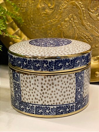 Potiche - Branco, Azul e Dourado - Ceramica - 18cm