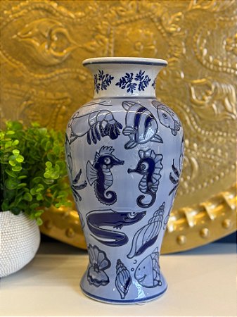 Vaso Decorativo - Azul e Branco - Ceramica 31CM