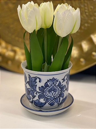 Cachepot em Ceramica - Azul e Branco - 10CM